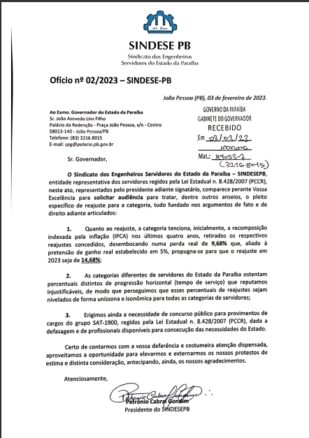 Ofício N°002/2023 - SINDESEPB